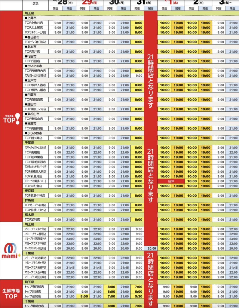 マミーマート年末年始営業時間