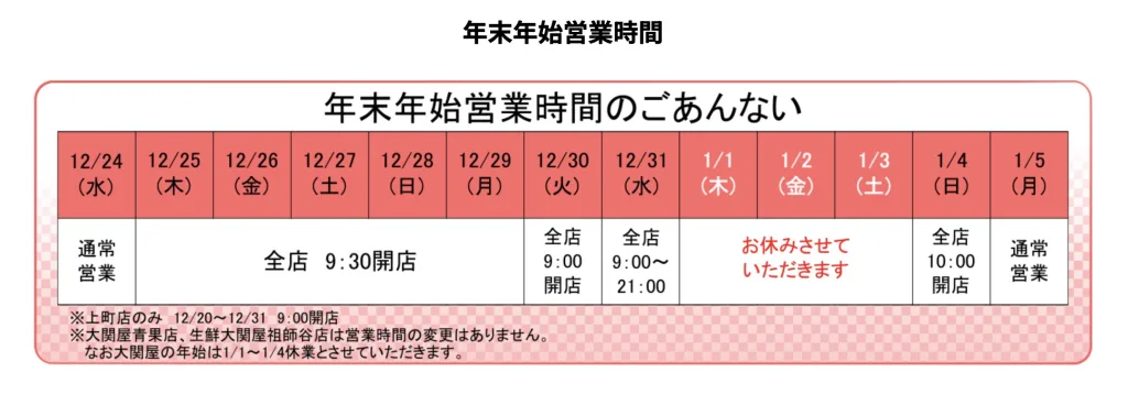 スーパーオオゼキ年末年始営業時間